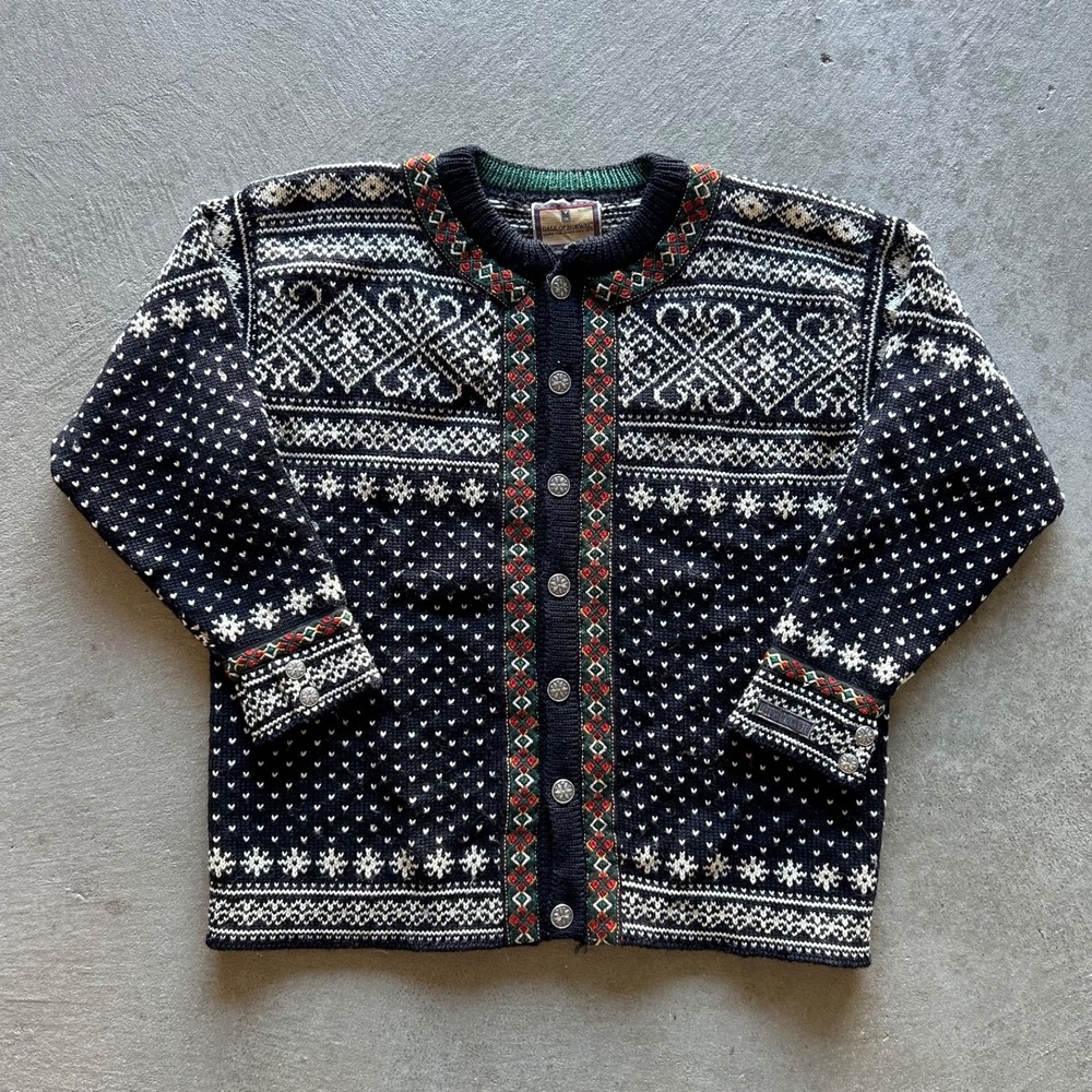 Vintage Dale of Norway Cardigan Sweater Size Medium Blue Nordic Fair Isle Wool
